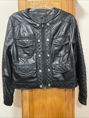 Liverpool Black Quilted Faux Leather Military-Style Jacket Size Medium
